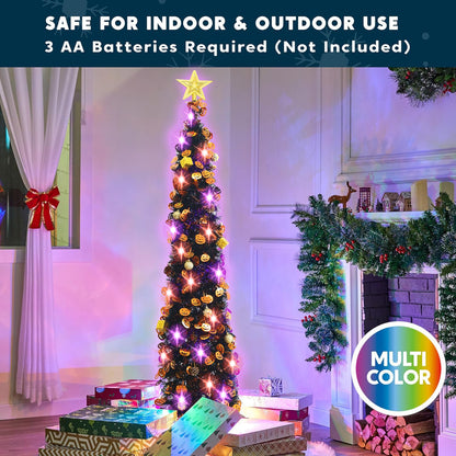 Halloween Tree Decorations with 100LED Lights 5FT Pop Up Tree with Hanging Pumpkin＆12 Pcs Ornaments, Tinsel Collapsible Artificial Pencil Tree Holiday Decoration for Home, Black Purple