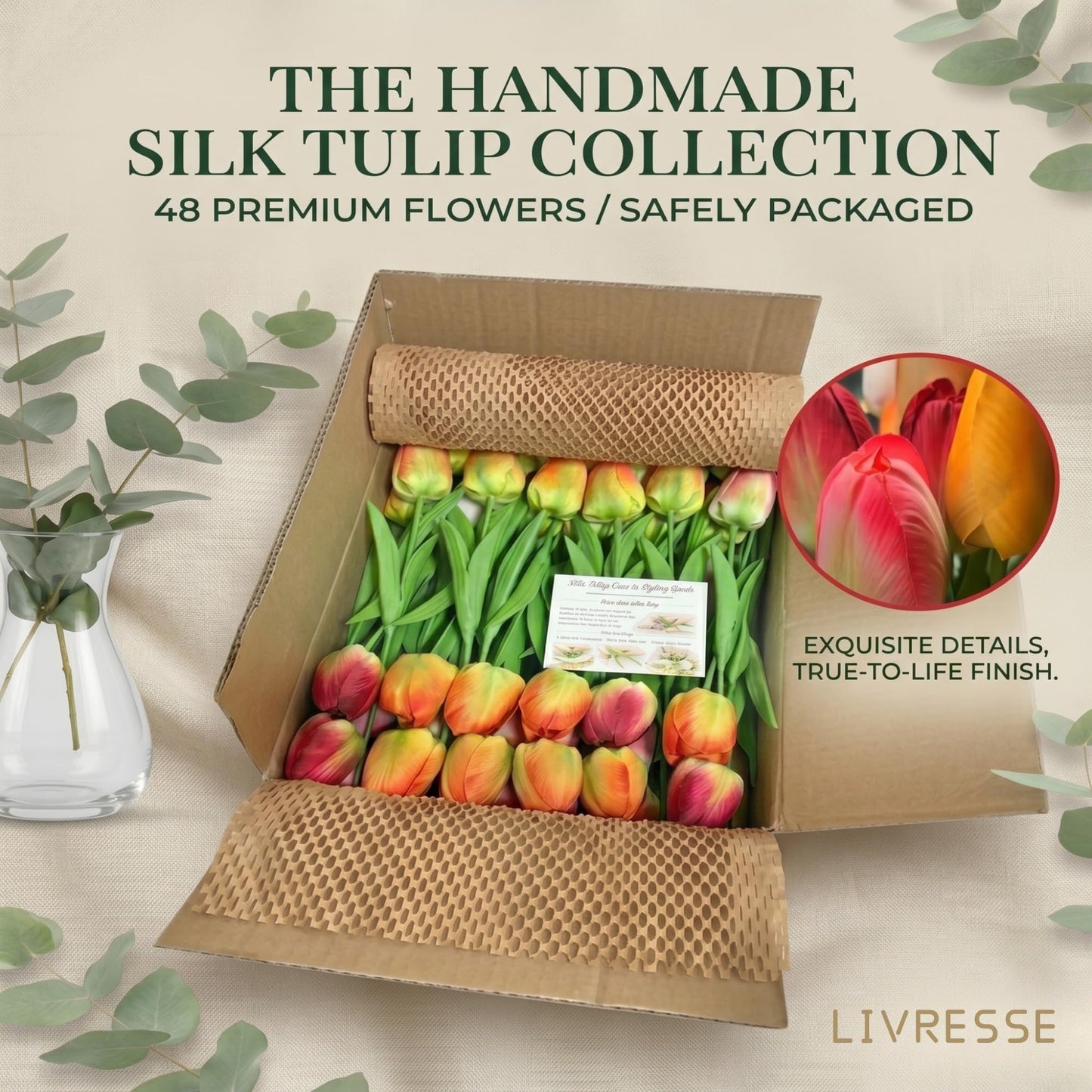 Livresse Orange Artificial Tulips for Vase, 48 Faux Tulip Flowers for Fall Centerpiece, Autumn Home Decor, Thanksgiving Table Arrangement & Rustic Farmhouse Decorations