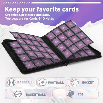 16 Pocket Toploader Binder,Holds 640 Top Loaders,Top Loader Binder for 3" x 4"Rigid Cards,Sleeves Card Collection Binder,20 Double Sided Pages,Compatible with Trading & Sports Holder (16Purple)