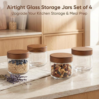 Danmu 8 oz Overnight Oats Containers with Lids,Glass Jars with Lids 6 Pack | Wooden Lid,Meal Prep,Yogurt,Leftovers,Leak-proof,Dishwasher Safe(remove lids),Fridge Safe,Portable,Stackable