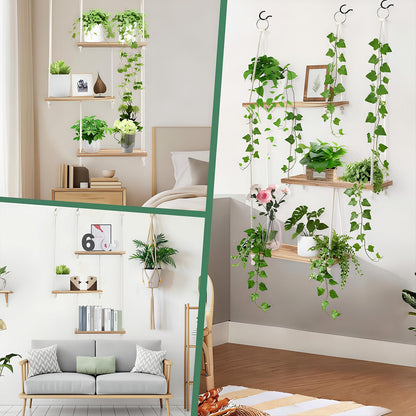 Window Plant Shelves, 3-Tier Boho Window Sill Plant Shelf with 35 Inch Macrame Plant Hanger, Indoor Hanging Wood Window Plant Hanger for Herb Garden, Flower, Micro Greens, Seedling Pots Display Stand