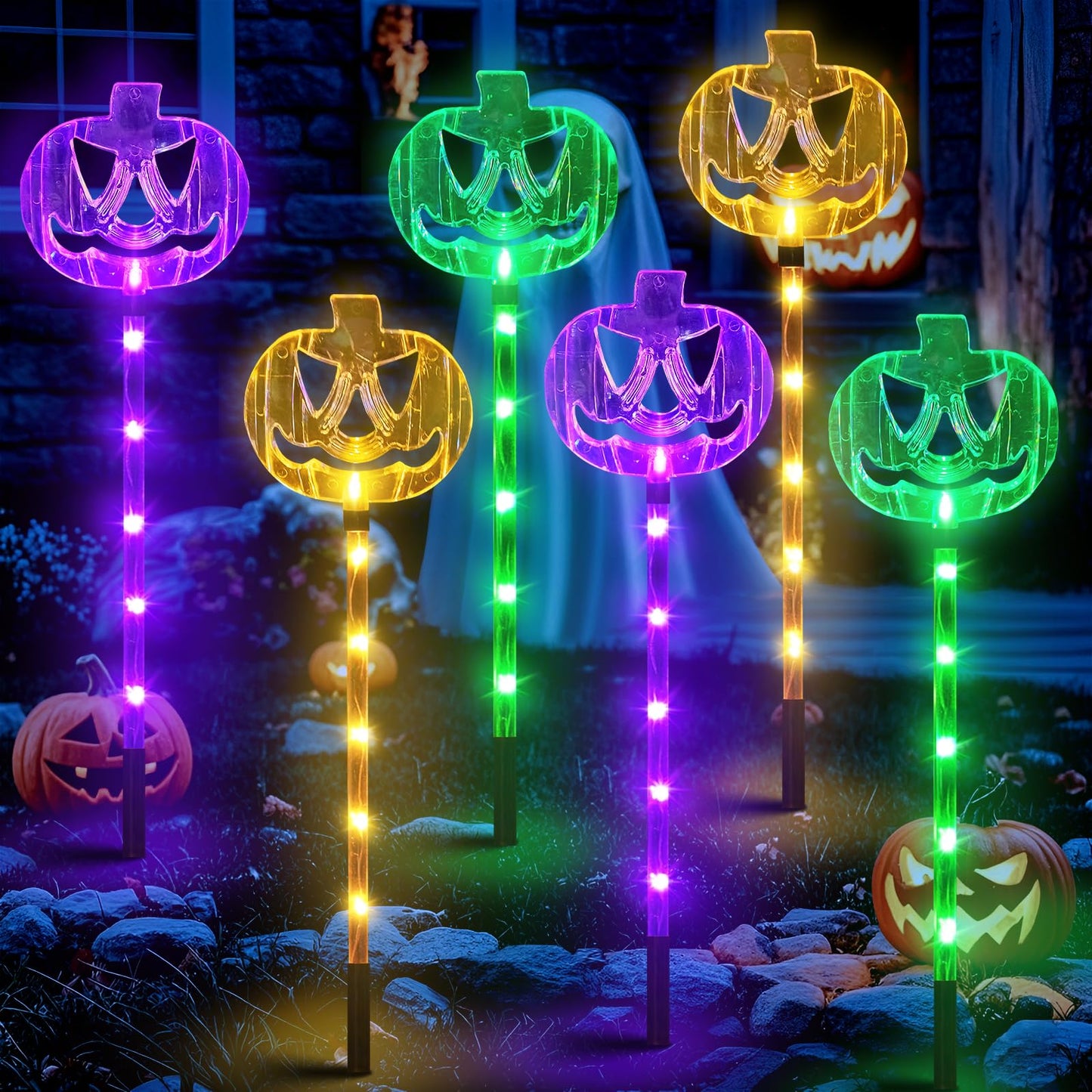 Meteds 6 Pack Solar Pumpkin Stake Lights for Halloween Decorations Outdoor, Waterproof Solar Halloween Lighted Pumpkin Pathway Lights for Garden Yard Patio Porch Pathway Grave