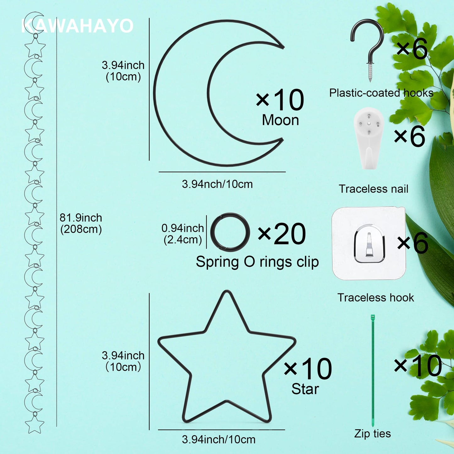 20 Pcs Chain Trellis for Climbing Plants, Plant Trellis Indoor and Outdoor, Garden Wall Trellis, Vine Support Plant Accessories for Monstera, Pothos, Ivy, Climbing Plants (Black Moon and Star)