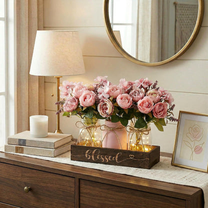 Fancyplus 3 Pcs Mason Jar Centerpiece with Wood Tray & LED Light, Farmhouse Table Decor for Dining Room Kitchen Living Bathroom, Pink