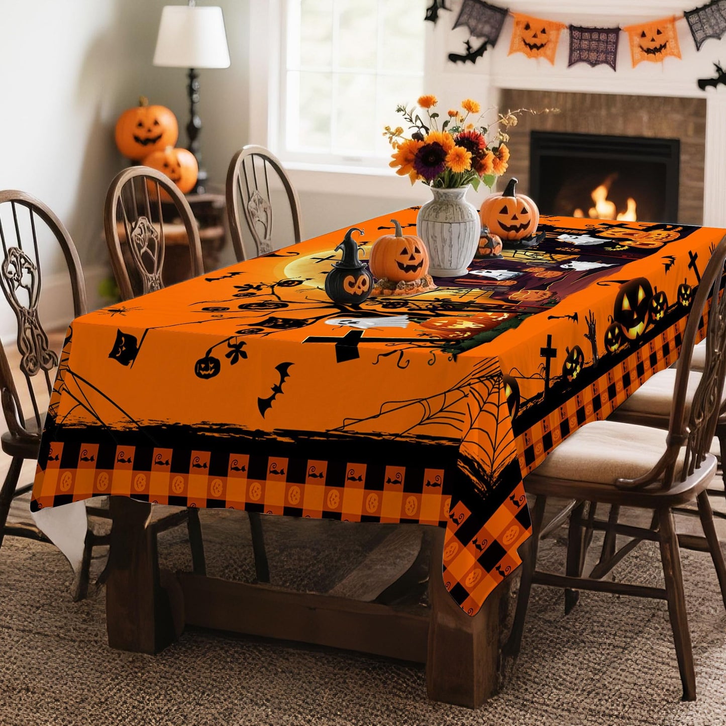 Hexagram Halloween Tablecloth Rectangle 60 x 84 inches, Ghost Pumpkin Plaid Table Cloth, Halloween Decor, Black Castle Tablecloth, Washable Orange Table Cloth for Party Picnic Dinner Decor