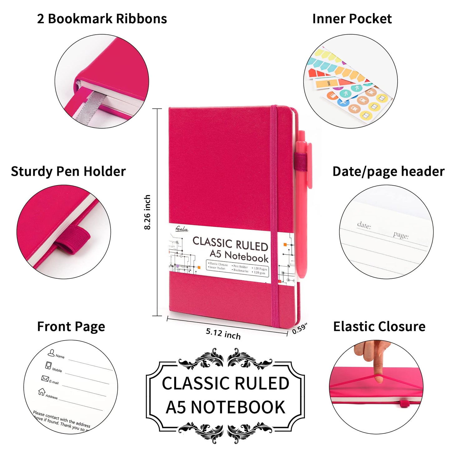 feela 12 Pack Notebooks Journals Bulk, Hardcover Notebook Classic Ruled Lined Journals with Pen Holder for Women Girls School Business Supplies, with 12 Black Pens, 120 GSM, 5.1”x8.3”, A5, Berry