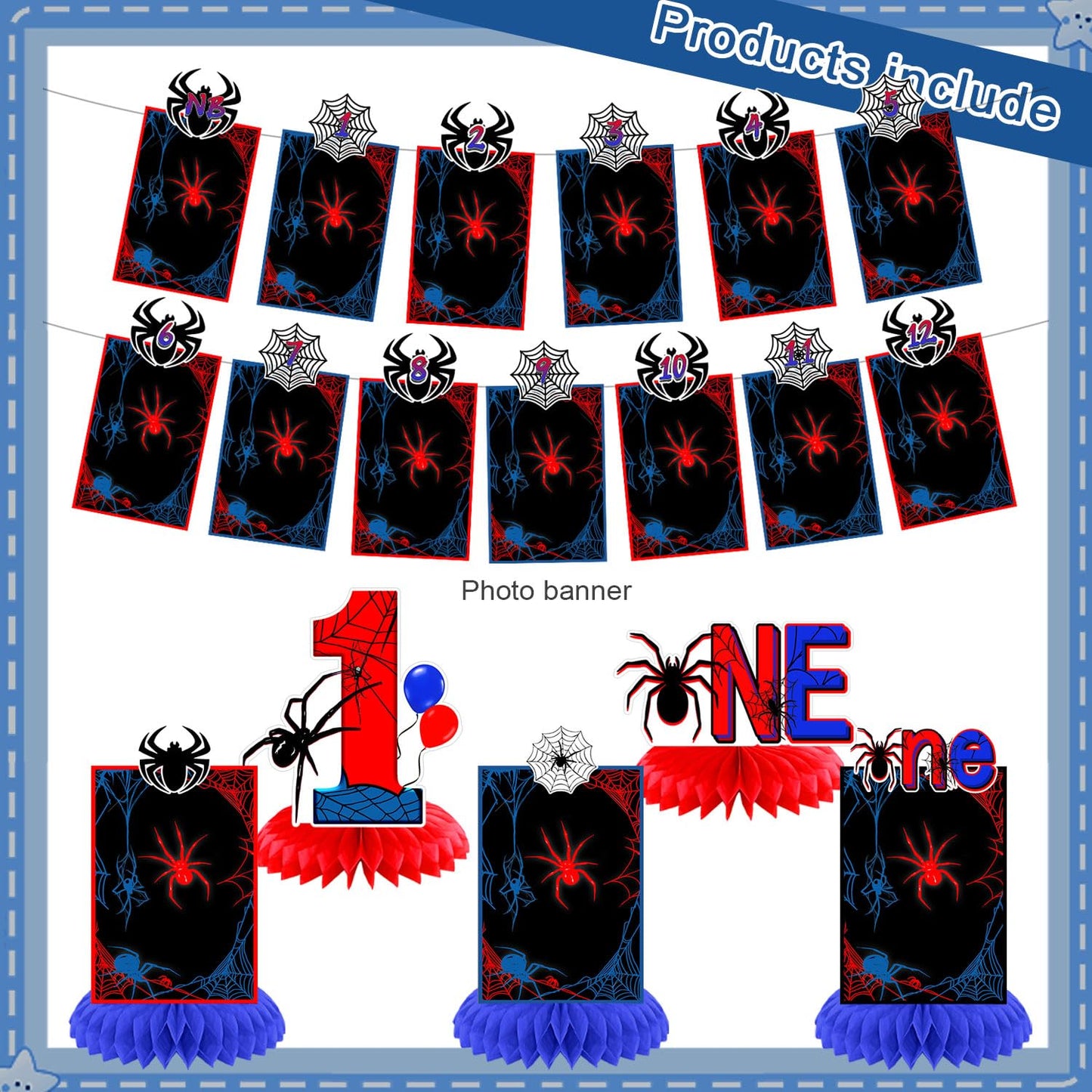 Spider 1st Birthday Party Decorations, Spider Web 12 Monthly Milestone Photo Banner Baby First Year Down Cartoon Spider Theme Photo Table Centerpiece for Boy Spider First Theme Party