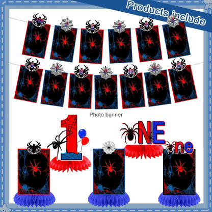 Spider 1st Birthday Party Decorations, Spider Web 12 Monthly Milestone Photo Banner Baby First Year Down Cartoon Spider Theme Photo Table Centerpiece for Boy Spider First Theme Party