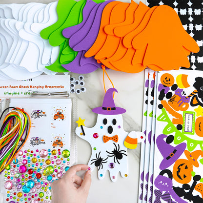 Winlyn 24 Set Fall Crafts DIY Halloween Ghost Tree Ornaments Decorations Kit with Foam Ghost Stickers for Kids Party Favors & Classroom Art Activities