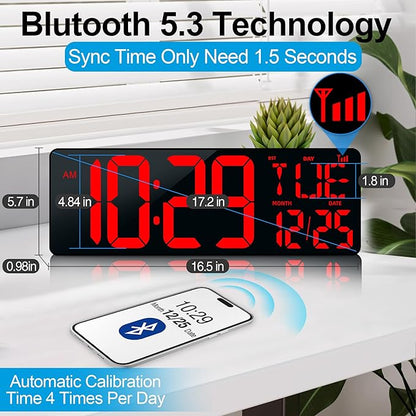 17.2" Large Digital Wall Clock Bluetooth Auto Sync Time Big Timer Red | Large Display Auto-Dimming/DST Led Wall Clock with Date Week For Living Room Classroom Garage Gym Gift for Senior Mom Dad