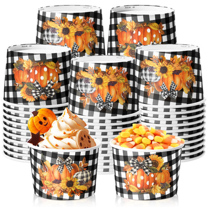 Sabary 60 Pieces 9 oz Fall Disposable Paper Bowls Thanksgiving Treat Snack Cups Pumpkin Paper Candy Dessert Bowls Buffalo Plaid Soup Cups Harvest Thanksgiving Party Supplies for Hot Cold Food