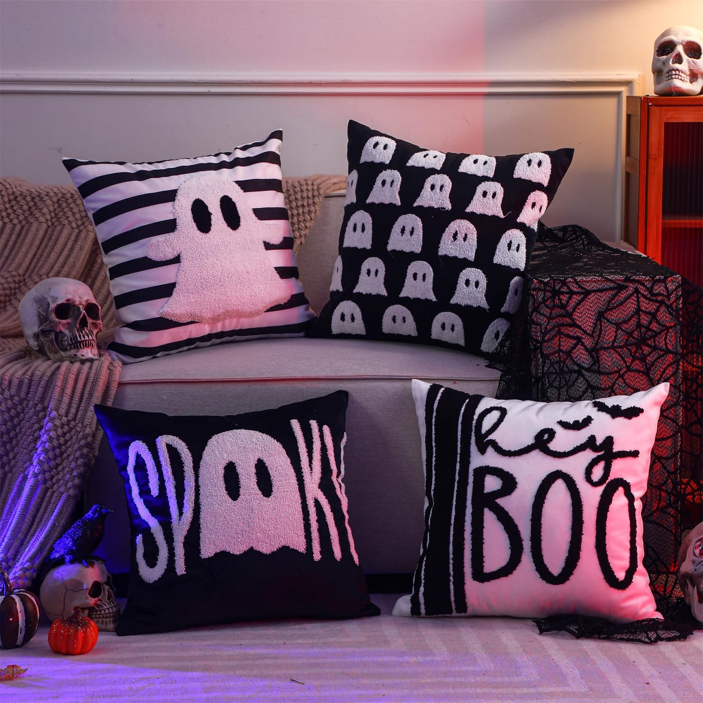 Beeveer 4 Pcs Halloween Throw Pillow Covers Set 18x18 Inch White Crochet Cute Ghost Pillow Case Embroidered Cushion Covers for Halloween Horror Farmhouse Couch Sofa Room Decor