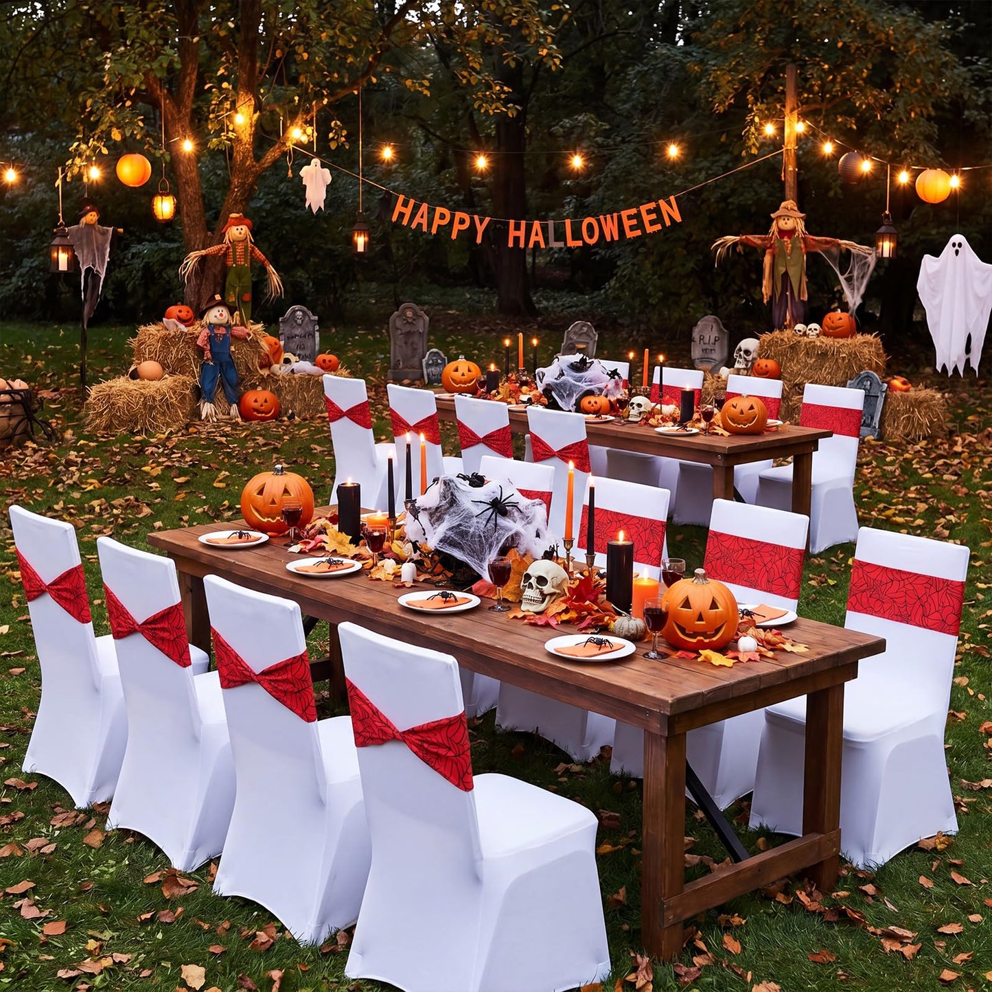Newwiee 24 Pcs Spiderweb Spandex Chair Sashes Bows 6 x 14 Inch Stretch Chair Cover Bands for Halloween Party Events Ceremony Birthday
