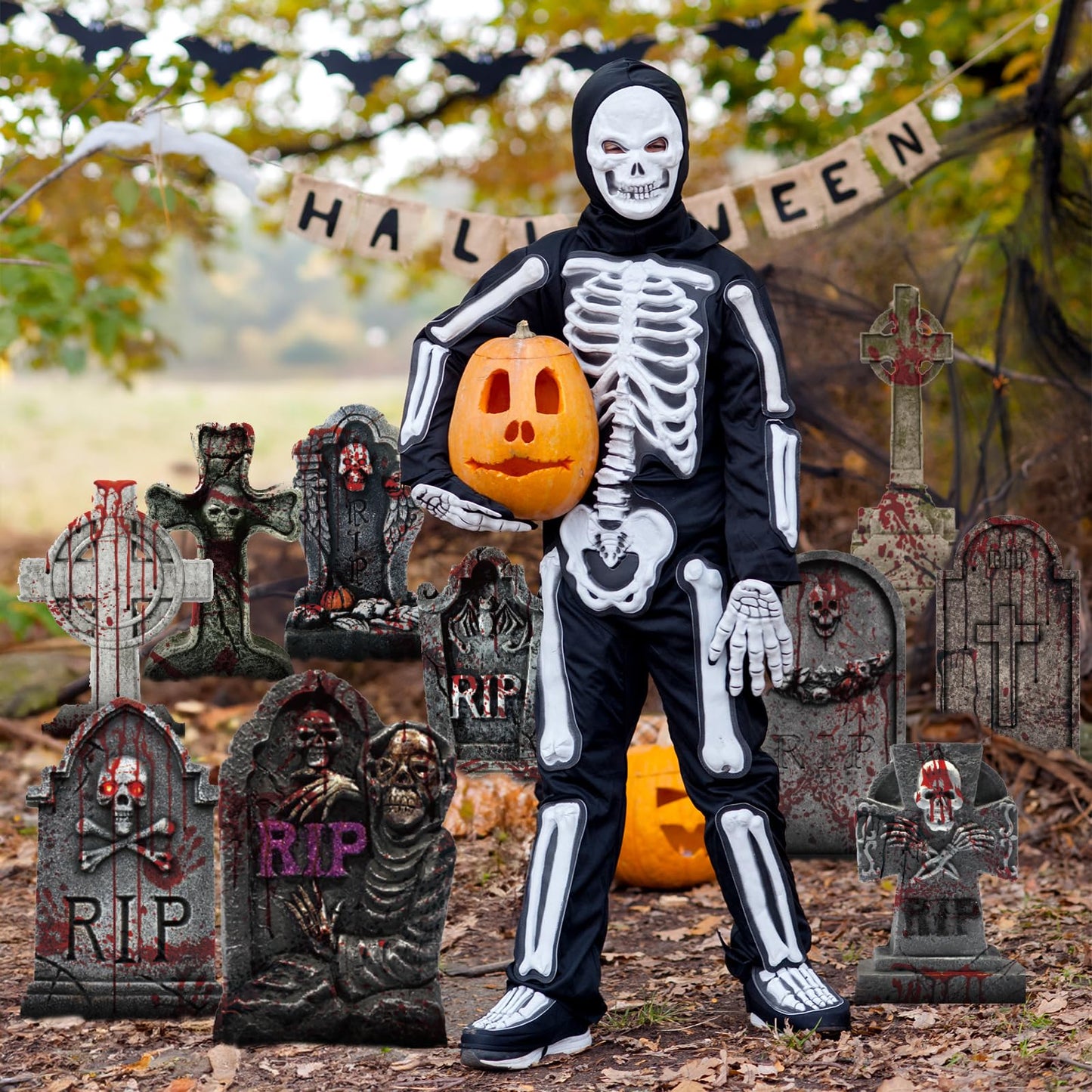 EggSun 10 Styles Halloween Large Tombstone Gravestones Yard Stakes Decorations 17IN Headstone Outside Signs with Stakes for Halloween Scary Spooky Patio Lawn Yard Garden Cemetery Outdoor Decors