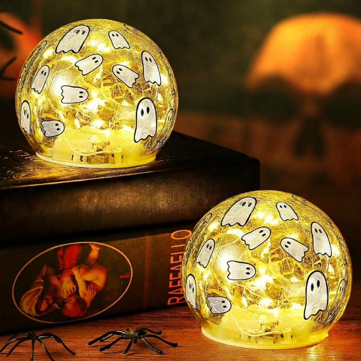 Tujoe 2 Pcs Halloween Decorations Indoor 4" Ghost Crackle Glass Globe Ball Lamp Night Lights with LED Timer Battery Operated Lighted Decorative Tabletop Decor for Table Home Centerpiece Party Gift