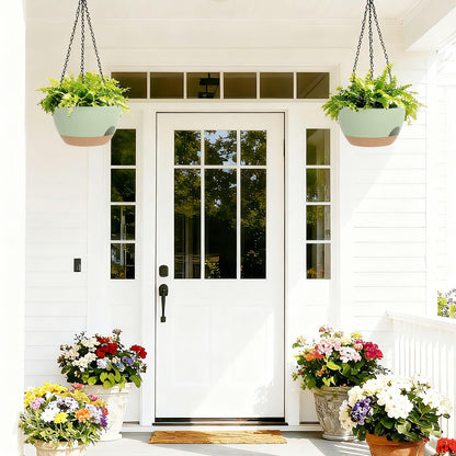 SQKH 8 Inch Hanging Planters for Indoor Outdoor Plants, 4 Pack Green Brown Plastic Self Watering Hanging Baskets with Drainage Holes and Chain for Garden Porch