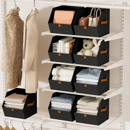 Homsorout Fabric Closet Storage Cubes - 8 Pack Square Storage Bins with Dual Handles for Clothes, Towels, Toys, Cube Storage Organizers for Bedroom, Nursery, Shelves, Closet, Small Spaces, Black