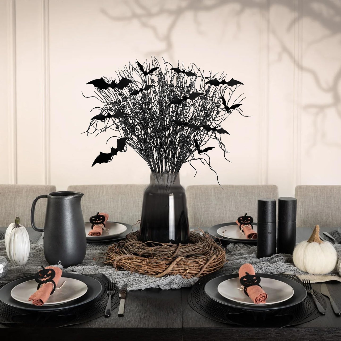 Yen Jean 21Pcs Halloween Decorations Black Artificial Branches Picks Decor Berry Stems Tree Glittery Curly with Bats for Flowers Arrangement Floral Bouquet Vase Party Supplies
