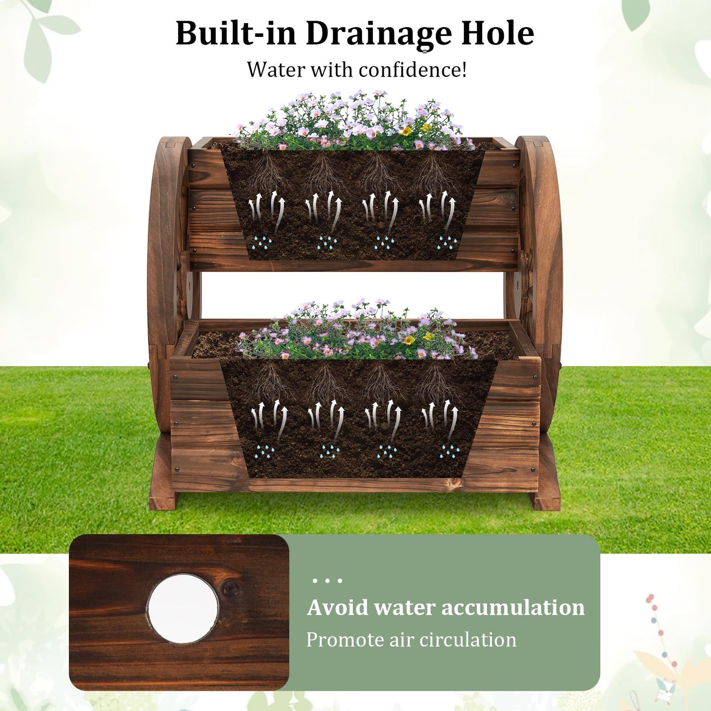 Giantex Wooden Wagon Planter Box, Garden Planter with Drainage Holes & Wheels for Flowers Herbs Vegetables, Indoor Outdoor Decorative Flower Cart for Patio Garden Balcony (1)