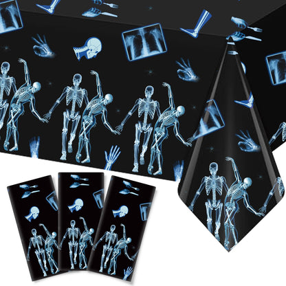 3 Pack Radiology X Ray Theme Disposable Tablecloths Halloween Funny Dancing Skeleton Table Cover Plastic Waterproof Table Cloth for Medical Party Radiology Doctor Birthday Graduation, 54 x 108 Inch