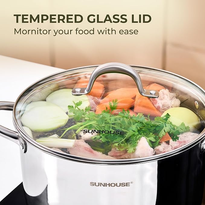 Sunhouse 8 Quart Stock Pot with Lid - 3-Ply Base Stainless Steel Cooking Pot - 8 QT Canning Dutch Oven Stock Pots - Oven Safe & Induction Cookware