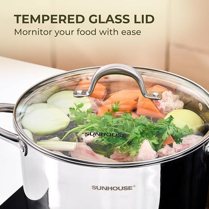 Sunhouse Stock Pot with Lid - 12 QT Large Pot for Cooking Pasta, Soup, Spaghetti - Impact Bonding Base Big Stainless Steel Pots for Canning, Boiling - Oven Safe & Induction Compatible Cookware