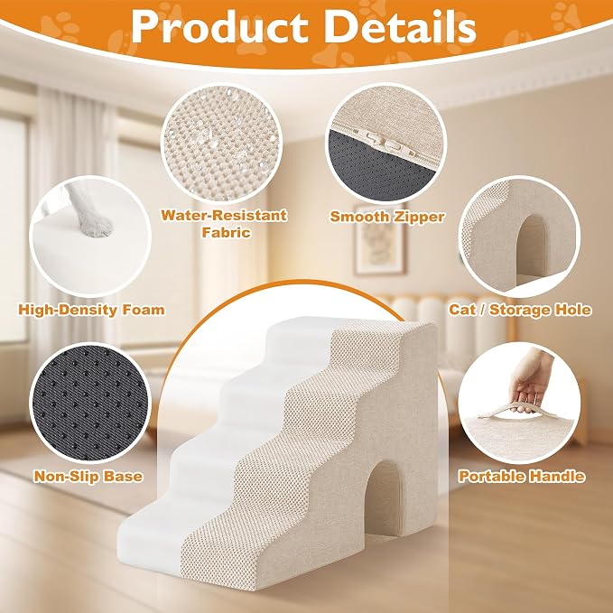 Dog Stairs for Bed 19.5’’ H, 4-Step Dog Steps for High Bed, Pet Stairs for Small Dogs and Cats to Get on Beds, Couch, Non-Slip Balanced Pet Steps and Ramp with Waterproof Cover and Tunnel, Beige