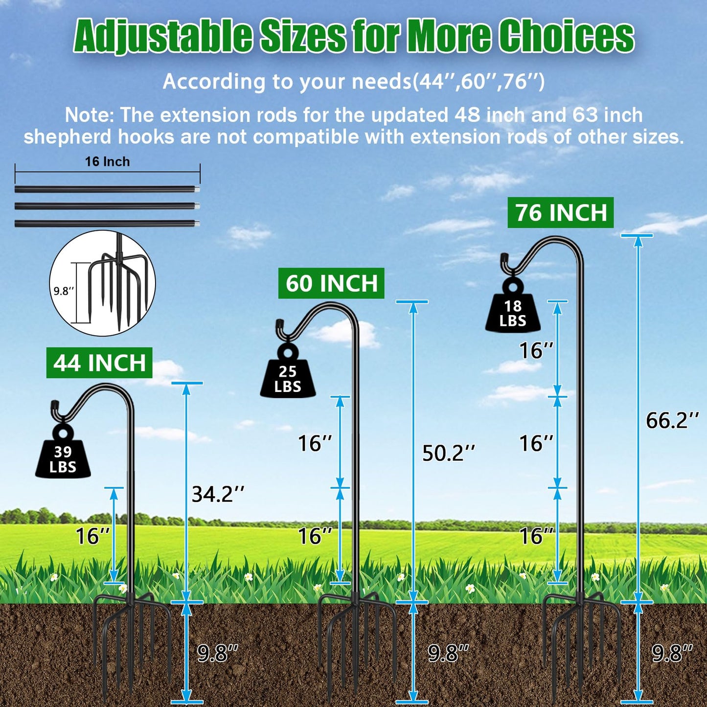 FEED GARDEN Sheperds Hooks for Outdoor Bird Feeder Pole 76 Inch Adjustable Tall Heavy Duty Shepherds Hooks for Hanging Plant Baskets, Solar Lights, Wedding Decor, Lanterns, Black (2 Pack)