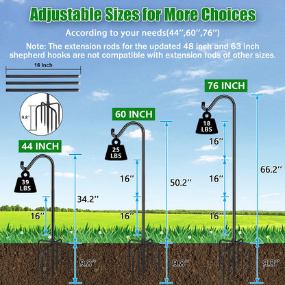 FEED GARDEN Sheperds Hooks for Outdoor Bird Feeder Pole 76 Inch Adjustable Tall Heavy Duty Shepherds Hooks for Hanging Plant Baskets, Solar Lights, Wedding Decor, Lanterns, Black (2 Pack)