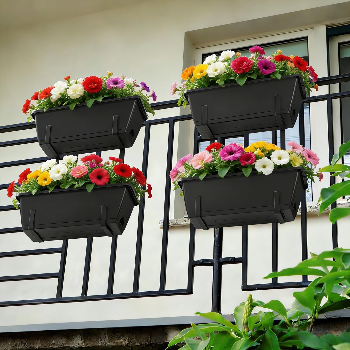 Railing Planter Box 2 Tier Window Boxes Planters Set of 2 with 4 Pack Flower Boxes 16.9 Inch Deck Railing Planter with Adjustable Brackets Black Balcony Fence Hanging Planters for Outdoor Porch Patio