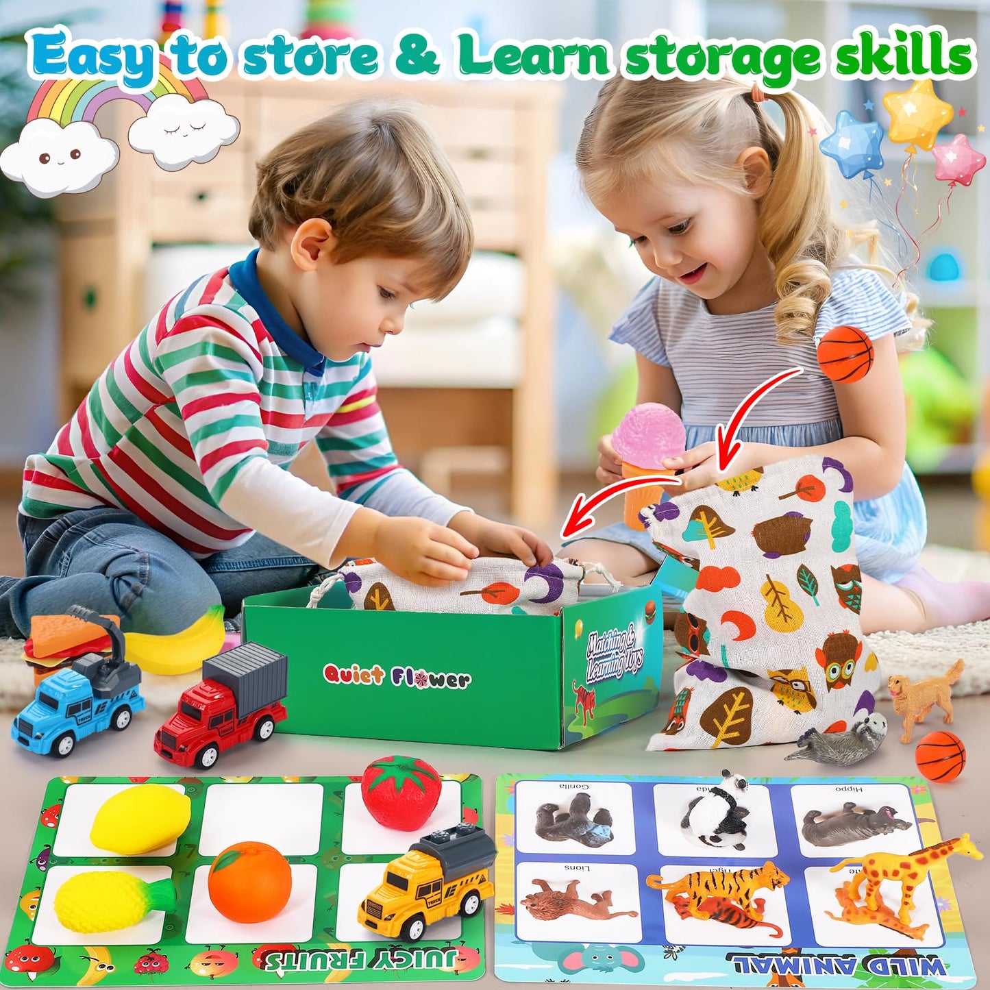 Quiet Flower 59 Pcs Sorting Toys for Toddlers 3-5, Dinosaur & Vehicle Matching Game with Flashcards, Sensory Educational Materials for Autism & Speech Development, Preschool Fine Motor Activities Gift