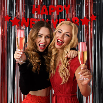 BRAVESHINE Tinsel Photo Backdrop Curtains - 2 Pack 3.2x8.2ft Black Red Foil Fringe Streamer Curtain for Graduation/Stranger/Men/Birthday/Bachelorette/Anniversary/Home/Office/Indoor/Outdoor Decorations
