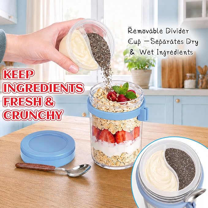 Overnight Oats Containers with Lids 4 Pack Mason Jars 16oz Glass Jar with Lid and Spoons Airtight Food Storage Containers Chia Seed Pudding Jars for Overnight Oats Parfait Yogurt Fruit Salad