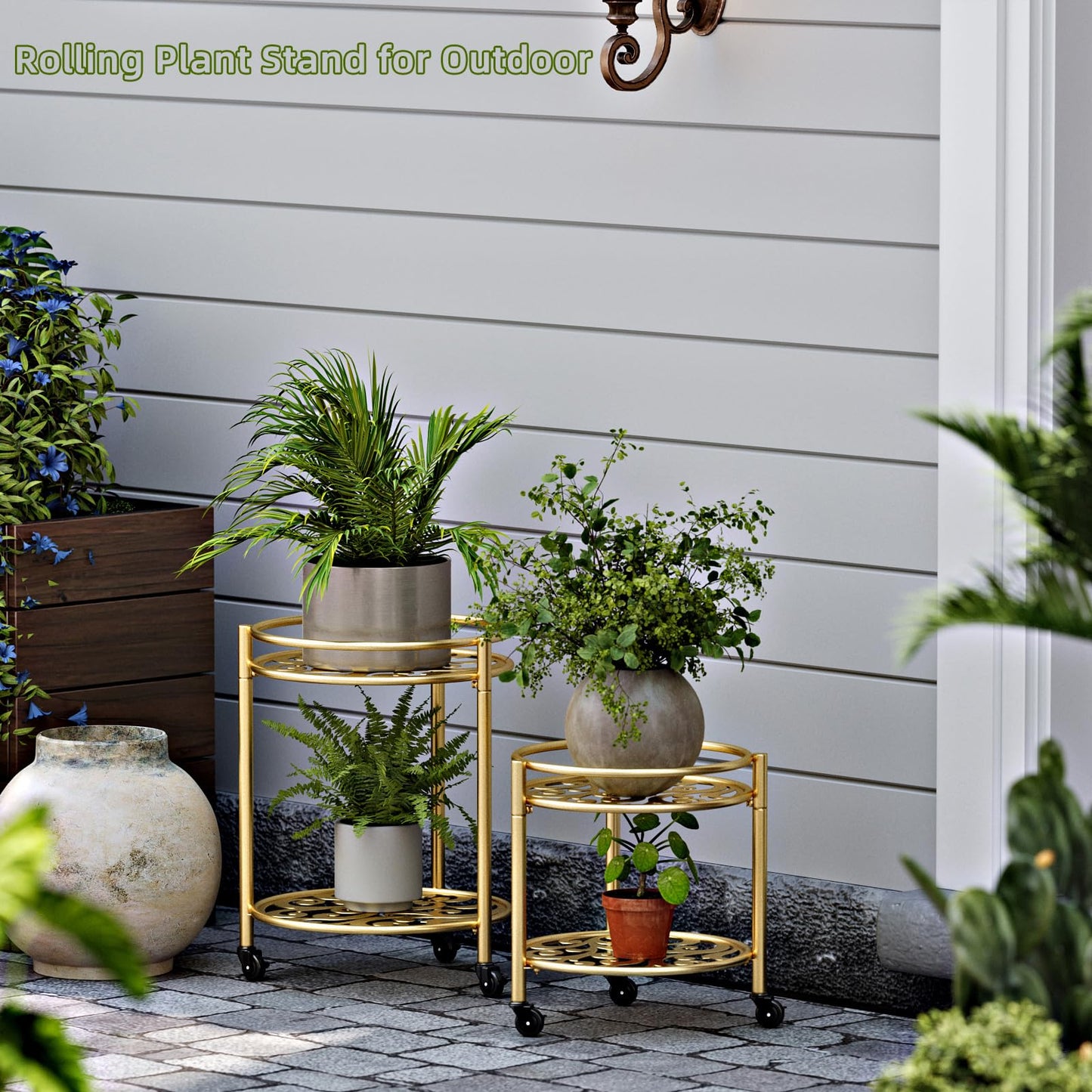 Rioneta Rolling Plant Stand with Wheels – 2 Tier Flower Pot Holder for Indoor & Outdoor, Easy Move Cart for Balcony, Patio, Garden, 165 lbs Capacity Golden