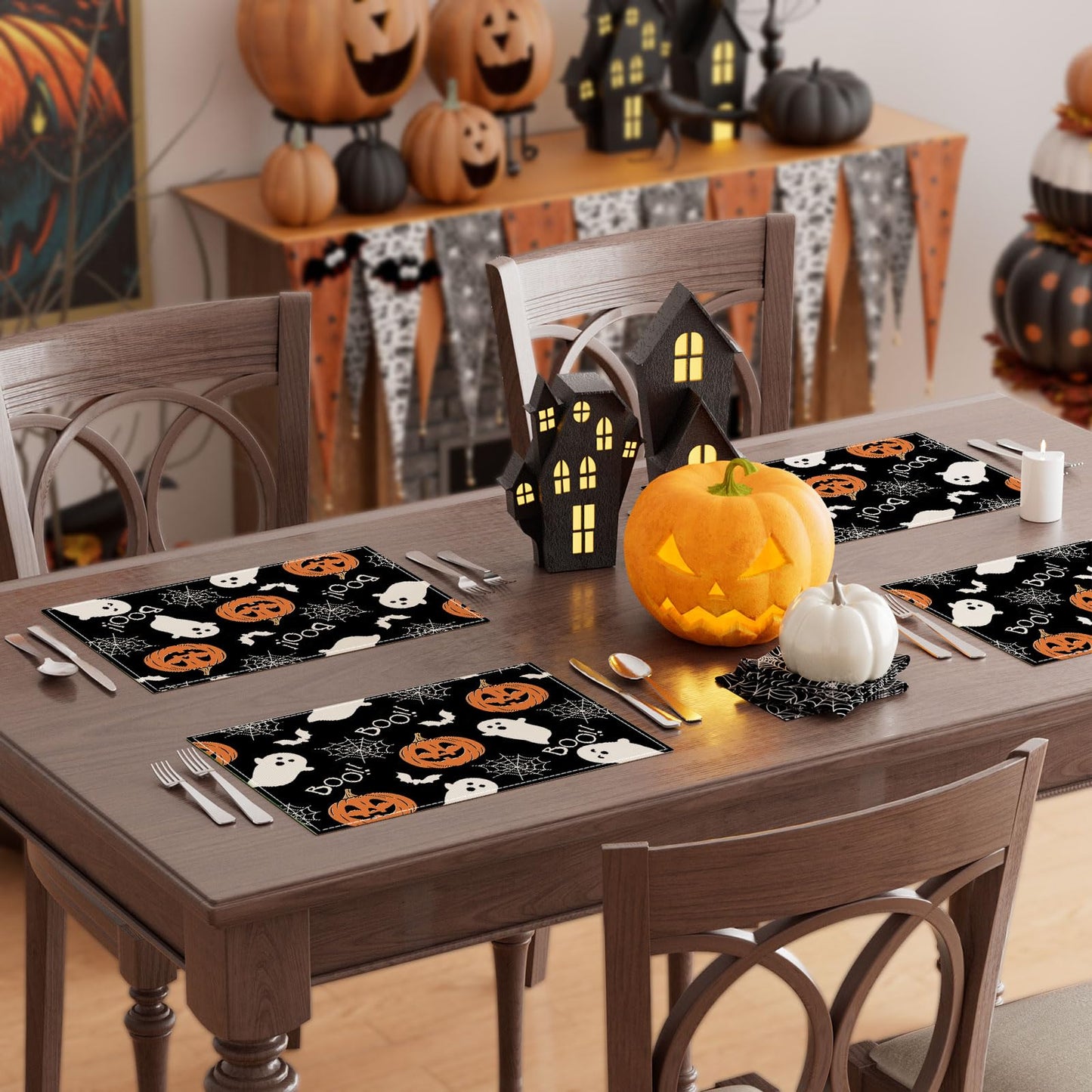 XCHI Boo Spooky Ghost Pumpkin Halloween Cloth Placemats Set of 6 Table Mats Table Decorations 12x18 Inch