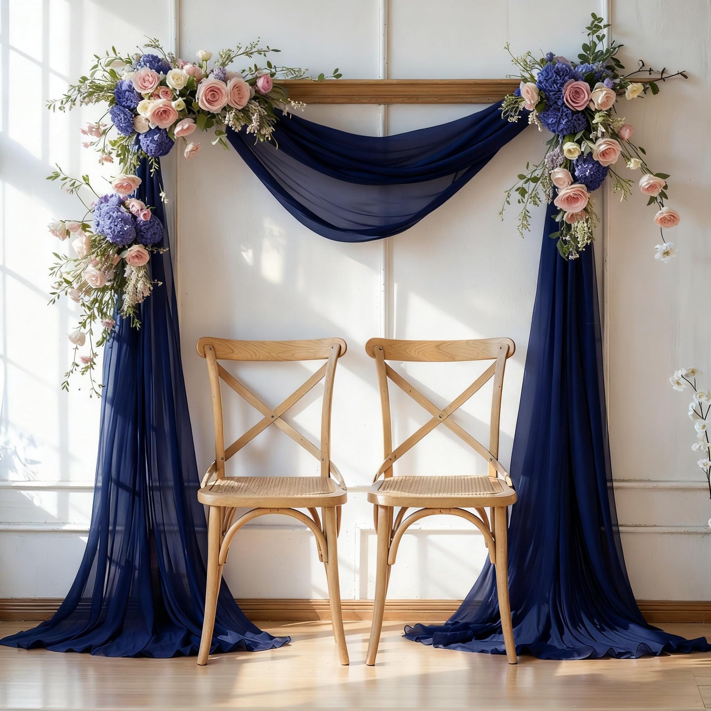 Wedding Arch Draping Fabric, 2 Panels 6 Yards Navy Blue Sheer Backdrop Curtain Window Scarf Valance for Table Event Party Home Decorations（2 Panels）, Navy Blue