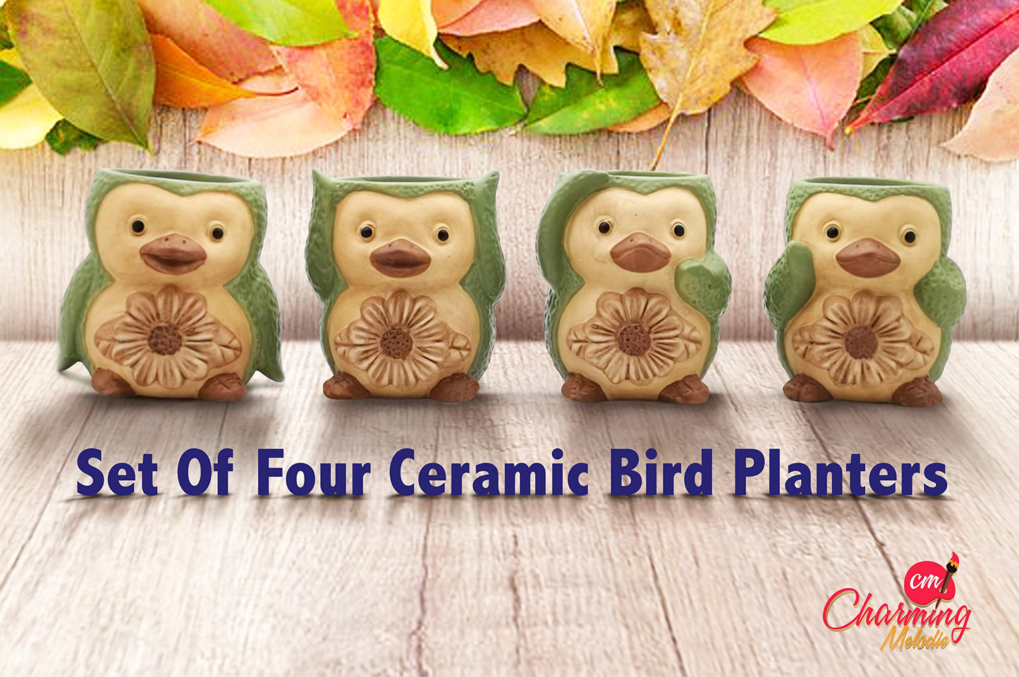 Bird/ Penguin Mini Succulent Pots, 3.6x3.5x2.3,Ceramic Animal Succulent planters,Cute Set- 4 small Flower pots,Cactus Animal Planter, Indoor/ outdoor Plant Pot,Funny Planters with Drainage Hole