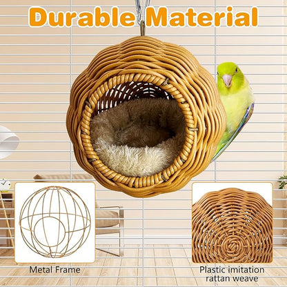 Rattan Birds Nest for Cage Hanging Parakeet House Chewproof Parrot Breeding Bed Small Budgies Hideout Swing Hut Bird Cage Accessories for Lovebirds Cockatiel Conure Finch Canary (Brown)