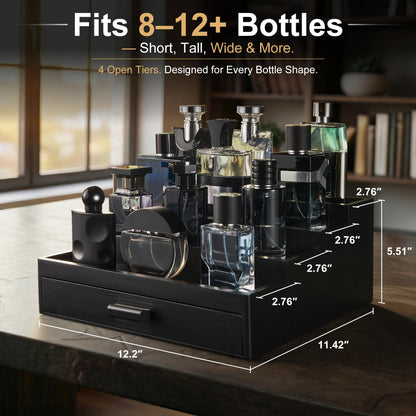 Swathmore Supply Co. Cologne Organizer for Men – 4 Tier Wooden Cologne Stand with Premium Velvet Drawer, Cologne Shelf, Perfume Fragrance Organizer & Display Holder for Dresser, Father's Day, Black