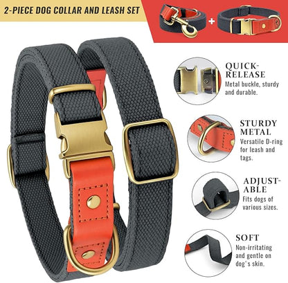 Dog Collar and Leash Set with Metal Quick Release Buckle, Adjustable, Breathable Nylon, Durable, Soft and Comfortable, No Pull for Walking and Training, Blue-Black, XL (16.9"-26")
