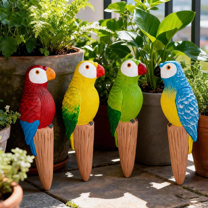 MCleanPin 4 Pack Self Watering Spikes and Globes, Handmade Terracotta Parrot Self-Watering Plant Devices with Slow Release System, Automatic Plant Water Bulbs for Indoor and Outdoor Garden Vacation