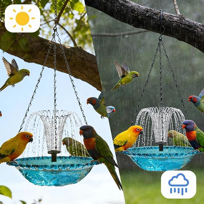 Hanging Solar Bird Bath Fountain with Solars Pump & Bowl & Chains Large Humming Solar Water Fountains with Flowing Water for Outdoor Garden Backyard Patio Lawn(Pink)