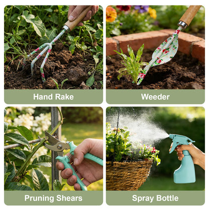 WANCHI Light Green Gardening Set, 10-Piece Garden Tool Kit with Trowel, Hoe, Shovel & Rake, Ideal Gardening Gift for Women, Mom, Grandma | Birthday Gifts for Her | Hand Tools for Small Gardens