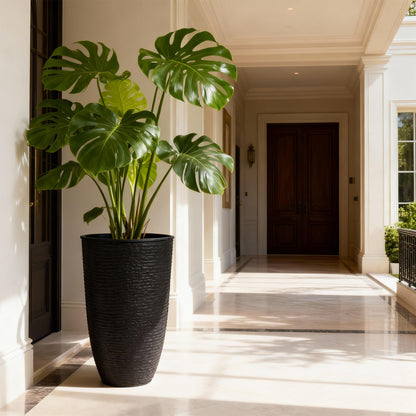 Worth Garden 2-Pack 21" H. Black Tall Planters with Inside Pots - 14'' Dia Plastic Large Round Plant Tree Pots - Decorative Imitation Stone Finish for Indoor Outdoor Front Porch Container Patio