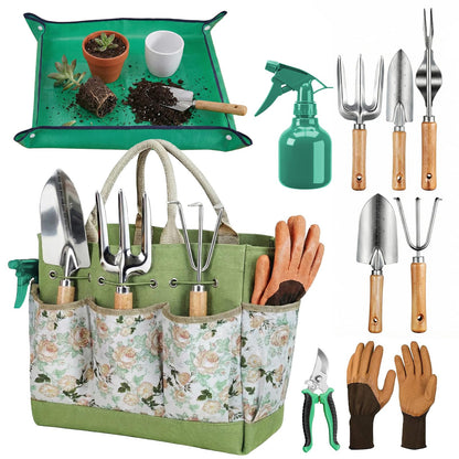 NOEAIKE Gardening Tools 10 Pack Heavy Duty Rust-Proof Garden Tool Set with Organizer Tote Bag,Sturdy Repotting Mat,Gardening Gifts for Women Mom(Green)