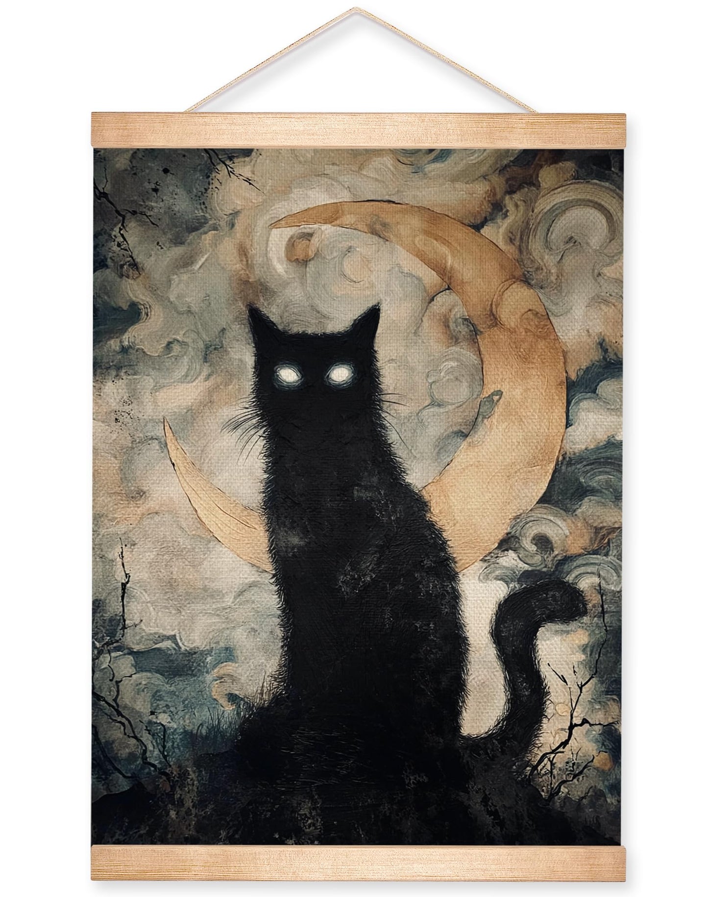 HEYJEEPER Halloween Black Cat Wall Art Hanging Poster 14x18In, Gothic Cat with Glowing Eyes and Crescent Moon Canvas Print, Spooky Witchy Wall Décor, Dark Academia Gothic Artwork for Haunted House Bedroom
