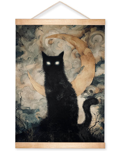 HEYJEEPER Halloween Black Cat Wall Art Hanging Poster 14x18In, Gothic Cat with Glowing Eyes and Crescent Moon Canvas Print, Spooky Witchy Wall Décor, Dark Academia Gothic Artwork for Haunted House Bedroom