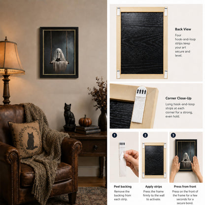 Vbaourut Framed Halloween Black Cat Wall Art, Moody Ghost on Swing Canvas Painting, Spooky Feline Poster with Dark Brown Frame and Upgraded Hook and Loop for bedroom，Study, 9x11 in