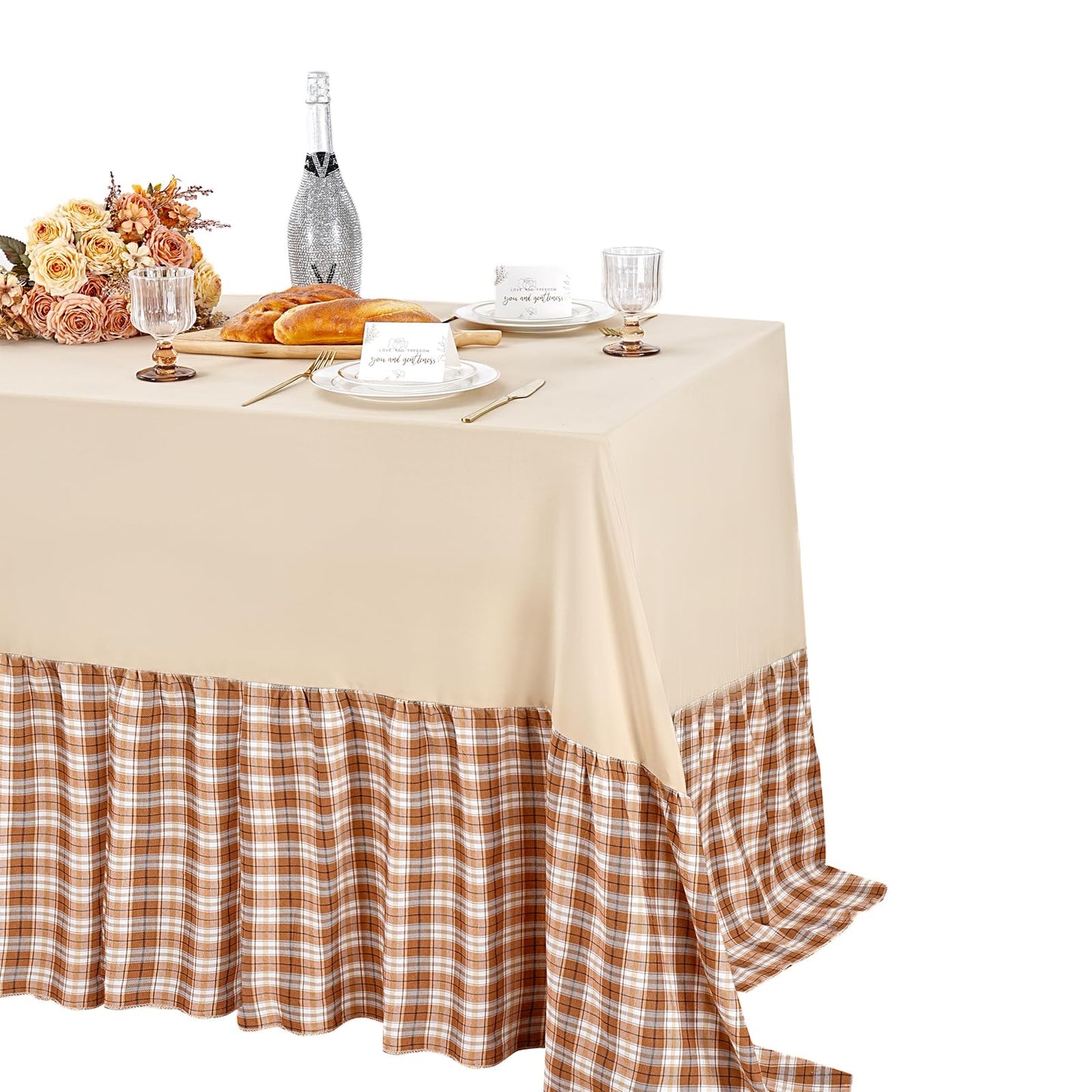 Fanqisi Brown Ruffle Table Cloth Fall Tablecloth - 90 x 132 Inch Polyester Tablecloths Rectangle Thanksgiving Table Cover for Birthday Wedding Picnic Christmas Party Decoration