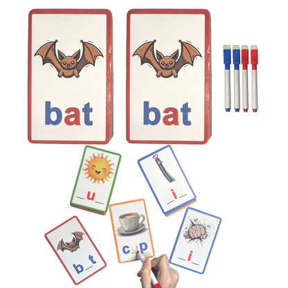CVC Learning Flash Cards 2 Set- Educational Spelling and Reading Game for Preschool and Kindergarten, Includes Colorful Erasable Pens
